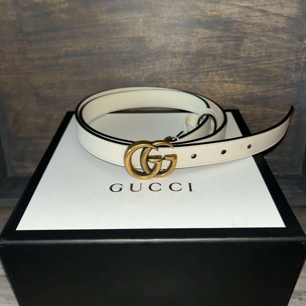 WHITE LEATHER GG MARMONT THIN BELT